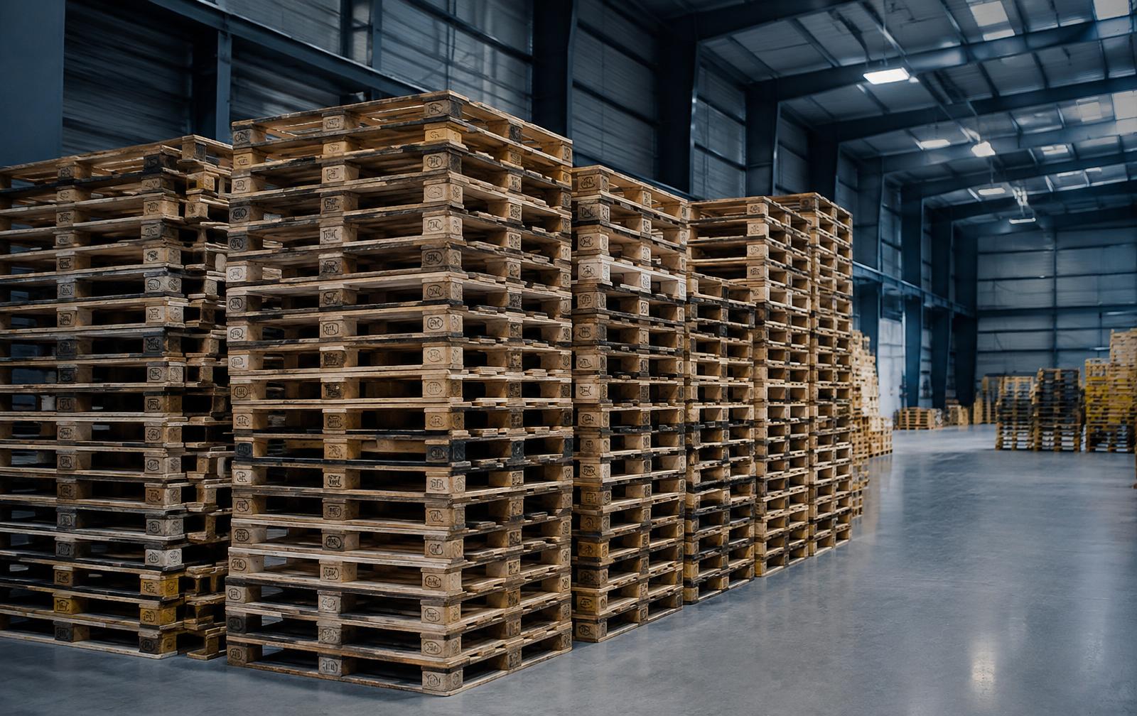Stacks of recycled wooden pallets in a warehouse